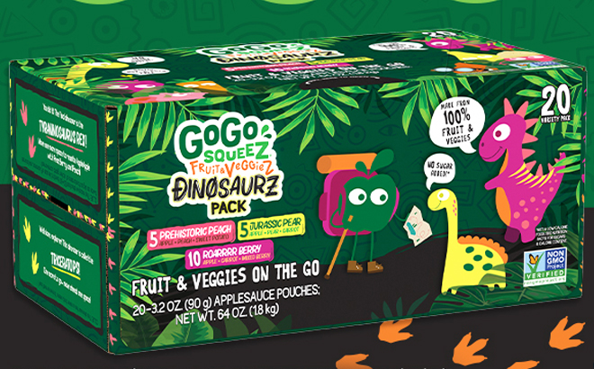 GoGo Squeez Fruit Veggie Variety Pack 20 ct in Jurassic Pear Roarrrr Berry Prehistoric Peach