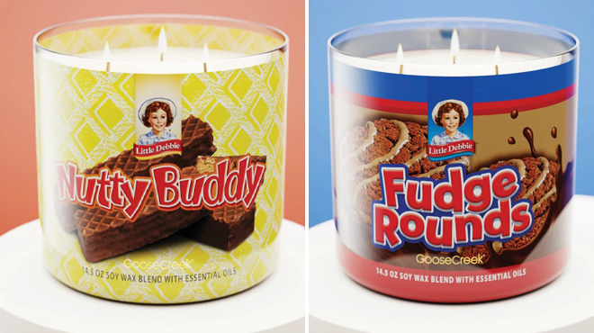 Goose Creek Little Debbie Nutty Buddy 3 Wick Candle on the Left Goose Creek Little Debbie Fudge Rounds 3 Wick Candles on the Right