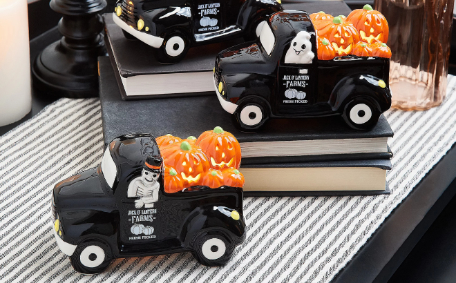 Halloween Ceramic Trucks with Illuminated Jack O Lanterns