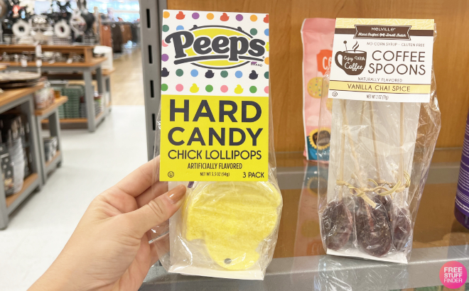 Hand Holding Peeps Hard Candy Chick Lollipops 3 Pack