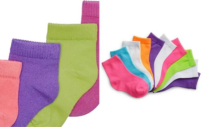 Hanes Girls Toddler Ankle Socks 10 Pack closer view on the left side and full view on the right side