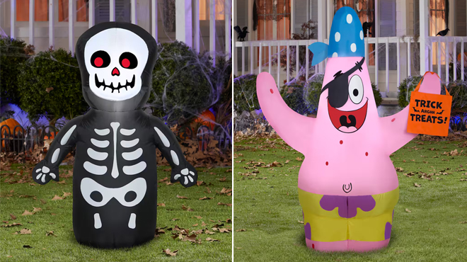 Happy Skeleton Halloween 3 5ft Airblown on the left and Halloween Patrick Inflatable in Pirate Costume on the right