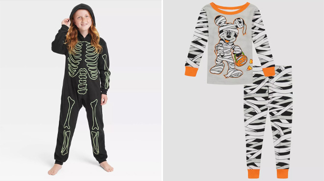Kids Glow in the Dark Skeleton Suit and Mickey Mouse Mummy Pajama Set