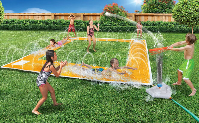 Kids Playing Banzai Home Run Splash Baseball Slide