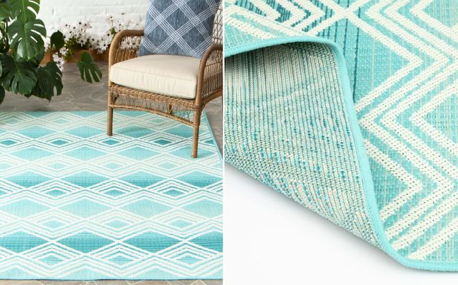 Mainstays Aqua Geo Area Rug on the floor on the left side and closer view on the right side