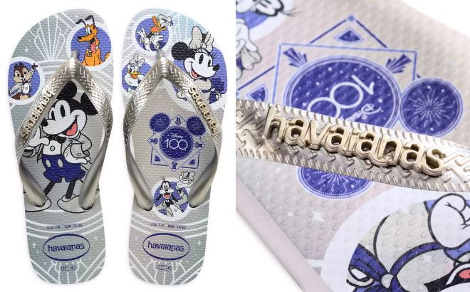 Mickey Mouse and Friends Disney Flip Flops for Adults on the left and closer view on the right