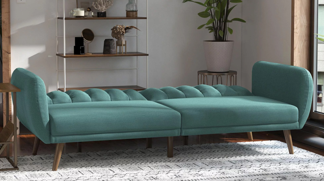 Novogratz Futon Sofa Bed and Couch Sleeper in Camel in Teal Color