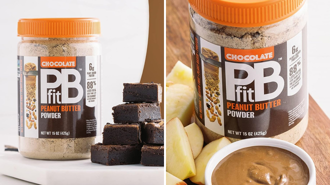 PBfit Chocolate Peanut Butter Powder with Brownies on the Left and Same Item With Peanut Butter Dip on the Right