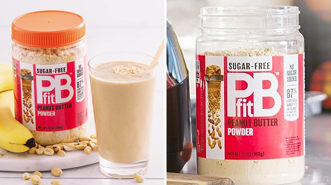 PBfit Sugar Free Peanut Butter Powder with Shake on the Left and Same Item without Lid on the Right