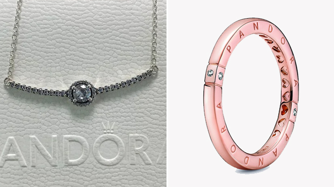 Pandora Silver CZ Round Sparkle Necklace and Signature 14K Rose Gold Plated CZ Logo Ring