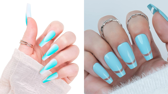 Press on Nails Medium Coffin in Blue and Clear Blue