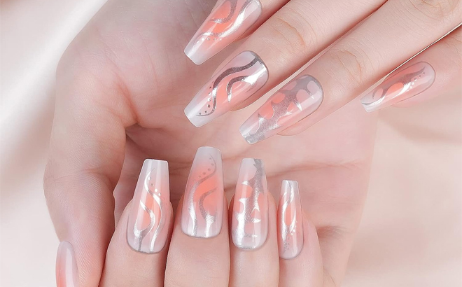 Press on Nails Medium Coffin in Orange Print