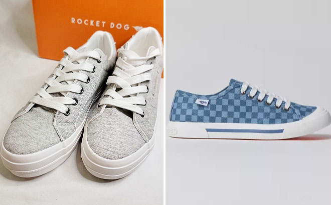Rocket Dog Womens Light Gray Cecila Skirball Sneakers and Blue Checkerboard Jumpin Crawford Sneakers