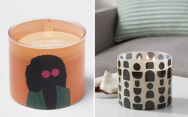 Room Essentials Paradise Hibiscus Candle Peach Orange 14oz and Vanilla Shea and Coconut Candle Cream