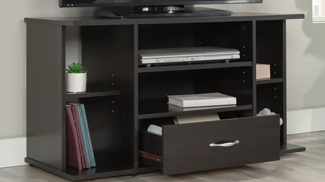 Sauder Beginnings Panel TV Stand with drawers open