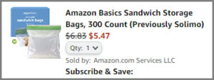 Screenshot of Amazon Basics 300 Count Sandwich Storage Bags Discounted Final Price at Amazon Checkout