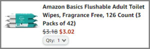 Screenshot of Amazon Basics Flushable Adult Toilet Wipes 126 Count Discounted Final Price at Amazon Checkout