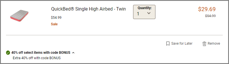 Screenshot of Coleman QuickBed Twin High Airbed Discounted Final Price with Promo Code at Coleman Checkout