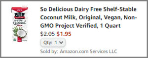 Screenshot of So Delicious Coconut Milk 1 Quart Discounted Final Price at Amazon Checkout