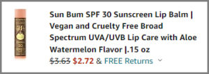 Screenshot of Sun Bum Lip Balm Watermelon Flavor Discounted Final Price at Amazon Checkout