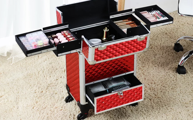 SmileMart Professional Makeup Rolling Organizer in Red Color