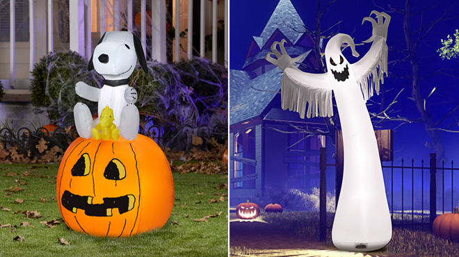 Snoopy Woodstock 3 5 ft Inflatable Halloween on the left and Halloween Inflatable Blow Up Ghost 12 ft on the right