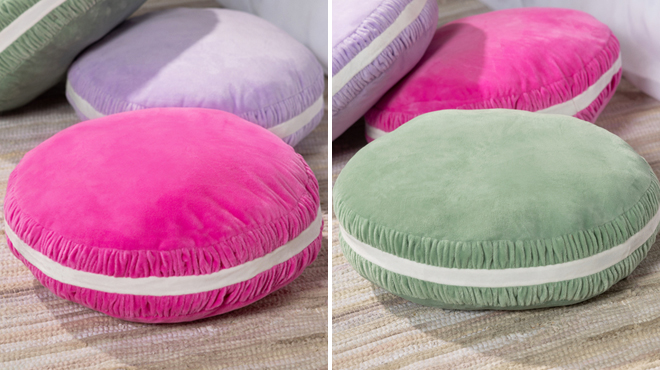 Three Five Below Macaron Pillows in Pink on the Left and Green on the Right