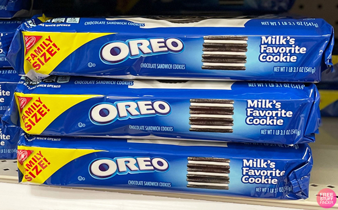 Three Oreo Cookies Family Size Packs on a Shelf