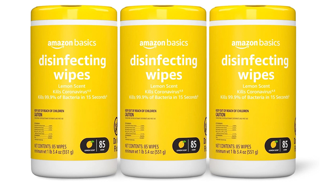 Three Packs of Amazon Basics Disinfecting Wipes in Lemon Scent