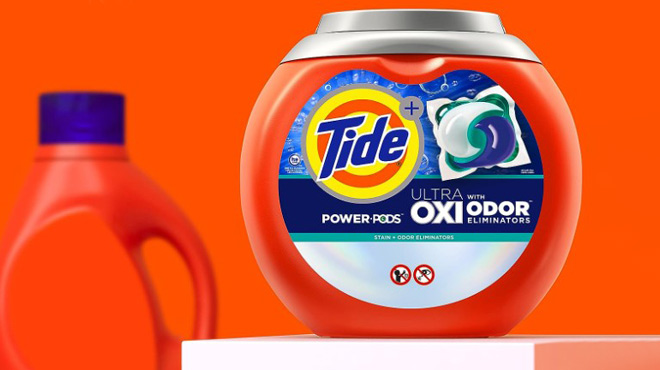 Tide Ultra OXI Power PODS Laundry Detergent on White Platform Top