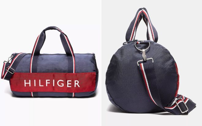 Tommy Hilfiger Signature Duffle bag in front view on the left side and side view on the right