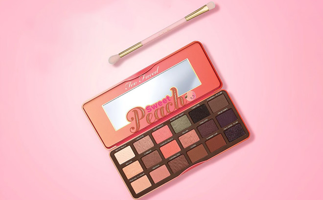 Too Faced Eyeshadow Brush and Sweet Peach Paletter on a Pink Background