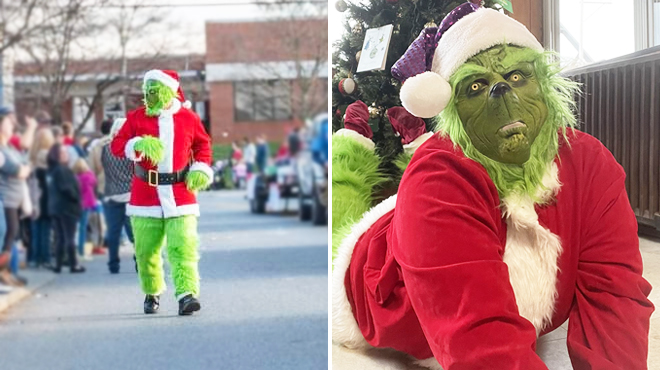 Two Images Showing a Person Wearing Grinch Santa Christmas Costume