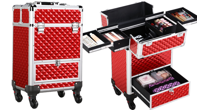 Two Images of SmileMart Professional Makeup Rolling Organizer in Red Color