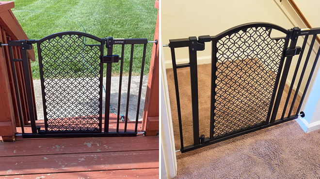 Two Images of Summer Modern Home Decorative Walk Thru Pet Baby Gate in Espresso Color