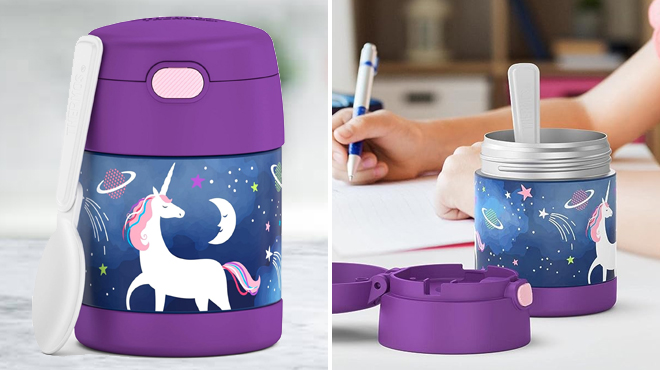 Two Images of Thermos Funtainer Kids Food Jar in Space Unicorn Style