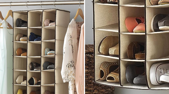 Two Images of Whitmor 30 Section Hanging Shoe Shelves in Tan Color Filled with Shoes