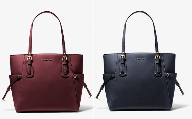 Voyager Small Saffiano Leather Tote Bag on the left side in Merlot color and on the right side in Navy color