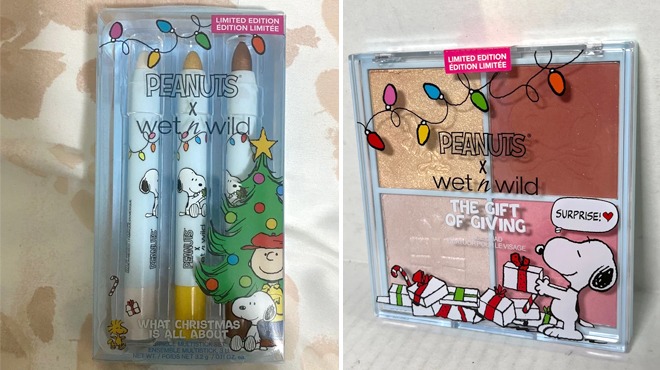 Wet n Wild Peanuts What Christmas is All About 3 Piece Multistick Set on the Left and Wet n Wild Peanuts Highlighter and Blush Palette on the Right