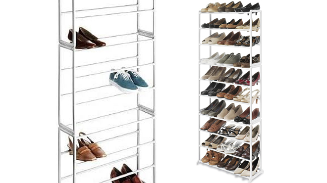 Whitmor 10 Tier Shoe Tower on the Left and Same Item Filled with Pairs of Shoes on the Right