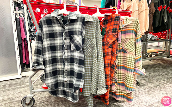 Wild Fable Fall Flannels Hanging on a Cart