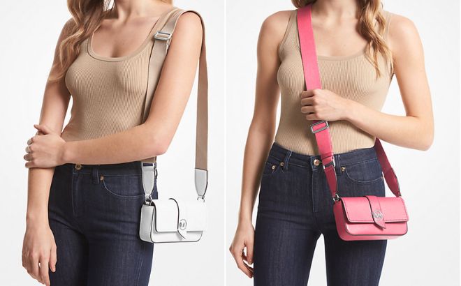 Woman is Holding a Michael Kors Greenwich Extra Small Leather Crossbody Bag in a Optic White color on the left side and on the right in the Geranium color