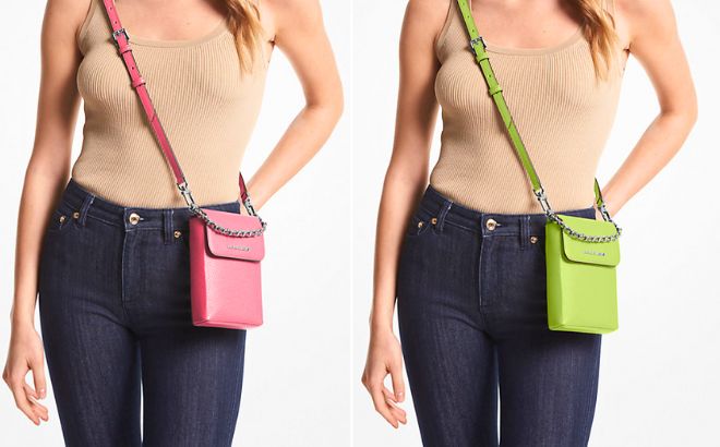 Woman is Holding a Small Pebbled Leather Crossbody Bag in a Geranium color on the left side and on the right side in a Brt Limeade color