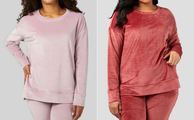 Woman is Wearing 32 Degrees Soft Velour Crew Top in Mauve Shadows color on the left side and ont he right side in Spiced Apple color