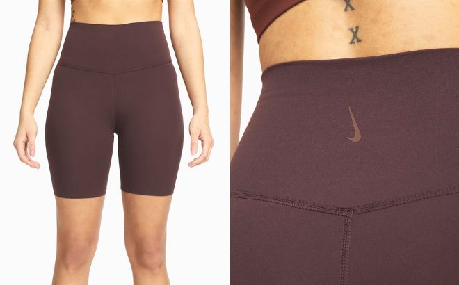 Woman is Wearing a Nike Yoga Luxe High Waisted Shorts