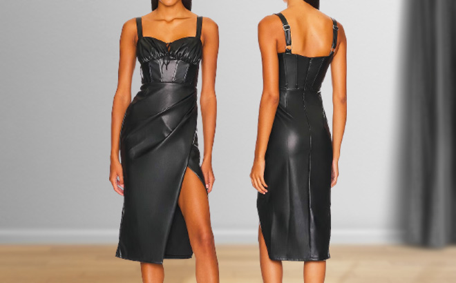 Woman is Wearing a Revolve Gwen Faux Leather Dress in Black color