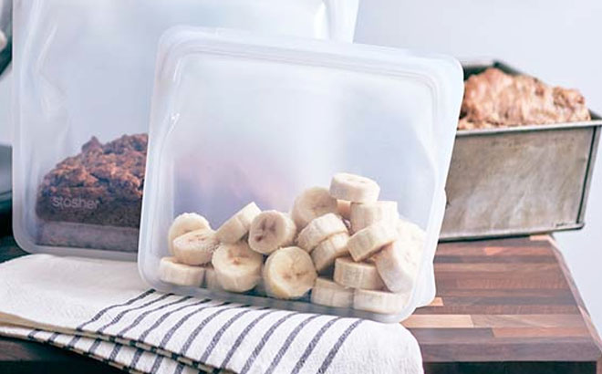 a Clear Stasher Reusable Silicone Storage Bag with Food Inside