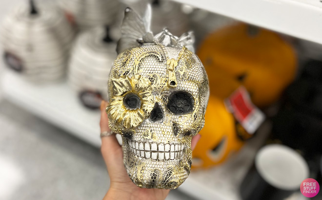 a Hand Holding Halloween Skull Figure