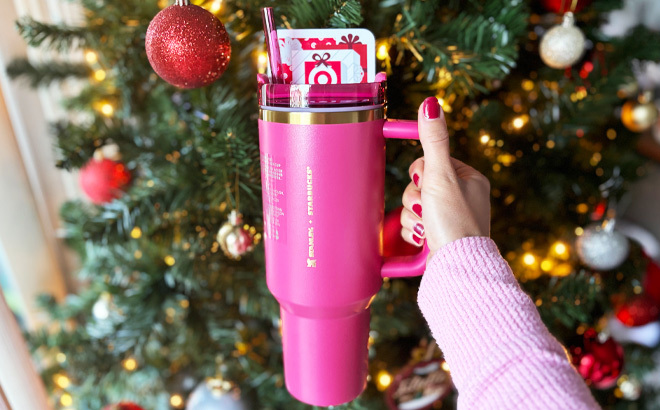 a Person Holding Stanley Tumbler with Gift Card on Top