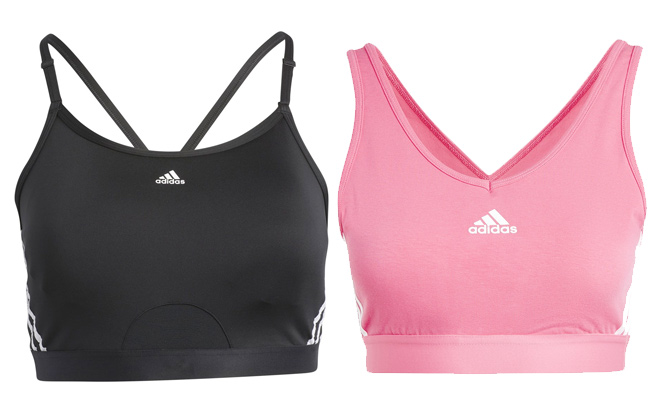 adidas Black White Aeroreact Training Sports Bra and Light Magenta Triple Stripe Crop Top